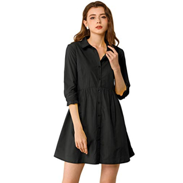 Allegra K Women's Casual Shirt Dress Ruched 3/4 Sleeve Button Down Work Mini Dresses Large Black