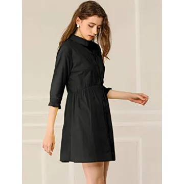 Allegra K Women's Casual Shirt Dress Ruched 3/4 Sleeve Button Down Work Mini Dresses Large Black