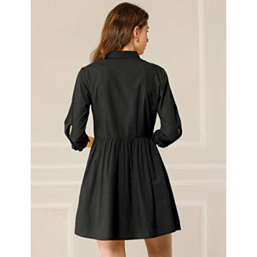 Allegra K Women's Casual Shirt Dress Ruched 3/4 Sleeve Button Down Work Mini Dresses Large Black