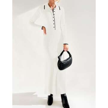 ZESICA Women's Long Sleeve Sweater Dress 2025 Spring V Neck Ribbed Knit Casual Formal Cocktail Bodycon Maxi Dresses,White,Small