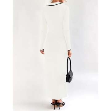 ZESICA Women's Long Sleeve Sweater Dress 2025 Spring V Neck Ribbed Knit Casual Formal Cocktail Bodycon Maxi Dresses,White,Small