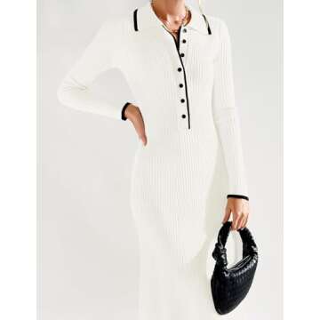 ZESICA Women's Long Sleeve Sweater Dress 2025 Spring V Neck Ribbed Knit Casual Formal Cocktail Bodycon Maxi Dresses,White,Small