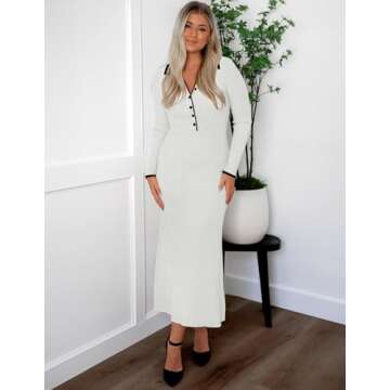 ZESICA Women's Long Sleeve Sweater Dress 2025 Spring V Neck Ribbed Knit Casual Formal Cocktail Bodycon Maxi Dresses,White,Small