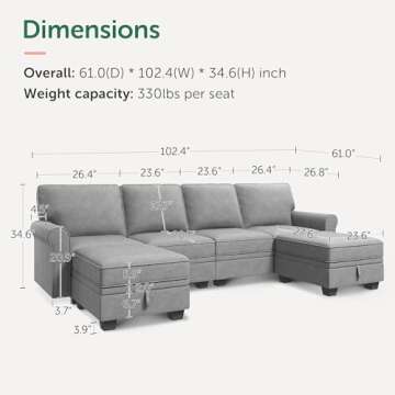 HONBAY Convertible Sectional Sofa with Storage Seat - 6 Seat U Shaped Sectional Couch with Movable O...