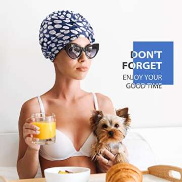 INNELO Luxury Shower Cap for Women Reusable Waterproof, Double Layered Shower Hair Cap with Adjustable Elastic Strap, Large Satin Lined Shower Bath Cap for Long Curly Straight Hair, Blue