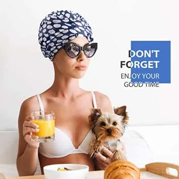 INNELO Luxury Shower Cap for Women Reusable Waterproof, Double Layered Shower Hair Cap with Adjustable Elastic Strap, Large Satin Lined Shower Bath Cap for Long Curly Straight Hair, Blue