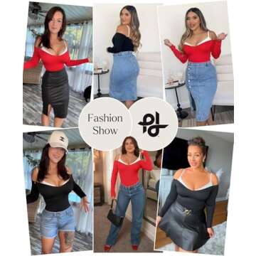 Popilush Black Long Sleeve Bodysuit Off The Shoulder Tops For Women Tummy Control Body Suit Built In Bra