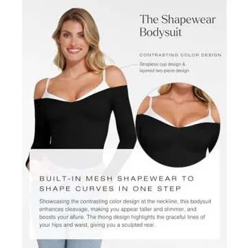 Popilush Black Long Sleeve Bodysuit Off The Shoulder Tops For Women Tummy Control Body Suit Built In Bra