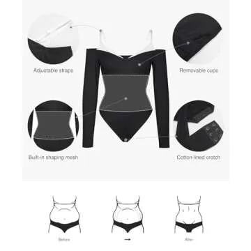 Popilush Black Long Sleeve Bodysuit Off The Shoulder Tops For Women Tummy Control Body Suit Built In Bra