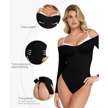 Popilush Black Long Sleeve Bodysuit Off The Shoulder Tops For Women Tummy Control Body Suit Built In Bra