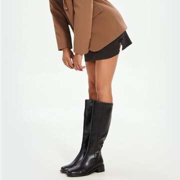 QIY Tall Black Boots for Women - Comfortable Knee-High Chunky Heels