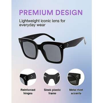 zeroUV - Oversized Fashion Retro Square Sunglasses for Women Vintage Style 50mm (Shiny Black/Smoke Polarized)