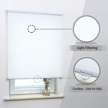 Honeycomb Cellular Shades Cordless Light Filtering for Windows Inside & Outside Mount, 31" W x 64" H, White(Light Filtering)