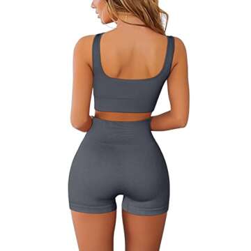 QINSEN Workout Sets for Women 2 Piece Seamless Ribbed Crop Tank High Waist Shorts Yoga Outfits (S, Dark Grey)