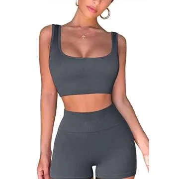 QINSEN Workout Sets for Women 2 Piece Seamless Ribbed Crop Tank High Waist Shorts Yoga Outfits (S, Dark Grey)