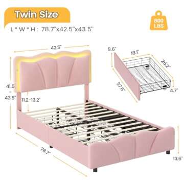 FORABAMB Twin Bed Frame with 4 Drawers, Upholstered LED Bed Frame with Adjustable Flowers Headboard,...