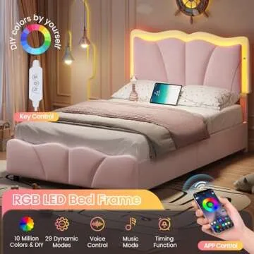 FORABAMB Twin Bed Frame with 4 Drawers, Upholstered LED Bed Frame with Adjustable Flowers Headboard, Platform Bed Frame Twin Size with Wooden Slats Support, No Box Spring Needed, Pink