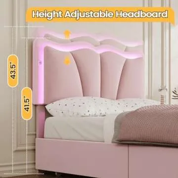 FORABAMB Twin Bed Frame with 4 Drawers, Upholstered LED Bed Frame with Adjustable Flowers Headboard, Platform Bed Frame Twin Size with Wooden Slats Support, No Box Spring Needed, Pink