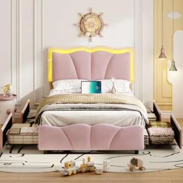 FORABAMB Twin Bed Frame with 4 Drawers, Upholstered LED Bed Frame with Adjustable Flowers Headboard, Platform Bed Frame Twin Size with Wooden Slats Support, No Box Spring Needed, Pink