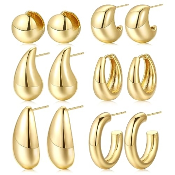 Chunky Gold Hoop Earrings Set for Women, 6 Pairs 14K Gold Plated Teardrop Hoops Earring Packs, Hypoa...
