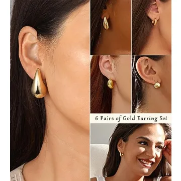 Chunky Gold Hoop Earrings Set for Women - 6 Pairs