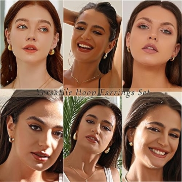 Chunky Gold Hoop Earrings Set for Women - 6 Pairs