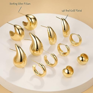 Chunky Gold Hoop Earrings Set for Women - 6 Pairs