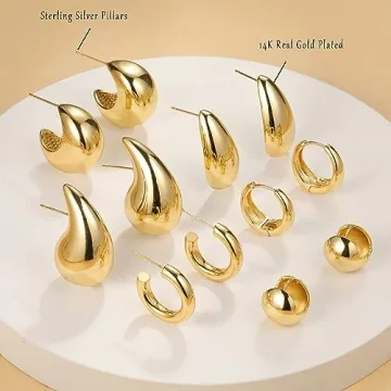 Chunky Gold Hoop Earrings Set for Women - 6 Pairs