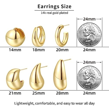 Chunky Gold Hoop Earrings Set for Women - 6 Pairs