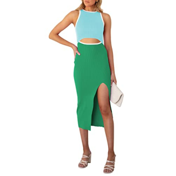 Pink Queen Vacation Outfit for Women Summer Sexy Cut Out Sleeveless Bodycon Ribbed Midi Sun Dress Bl...