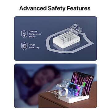 SooPii Premium 6-Port USB Charging Station Organizer for Multiple Devices, 6 Short Charging Cables and One Upgraded i-Watch Charger Holder Included, for Phones, Tablets, and Other Electronics, White