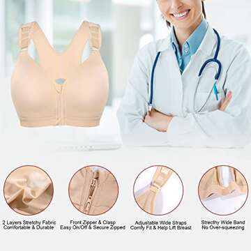CYDREAM Women Post-Surgical Bra Zip Front Post Surgery Sports Bras Racerback Support Wireless Adjustable Straps (XL, Beige)