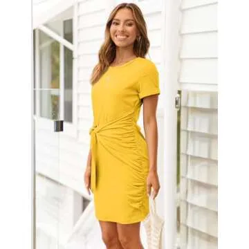 LILLUSORY Women's Casual Short Sleeve Dress T Shirt Bodycon Wrap Ruched Mini Summer Night Out Sundress 2025 Yellow M