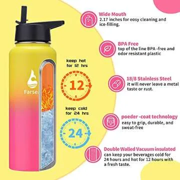 Farsea Insulated Water Bottle with Straw Lid & Spout Lid & Paracord Handle, Stainless Steel Water Bottle Wide Mouth, Double Wall Sweat-Proof BPA-Free, 40 oz, Gradient Yello + Pink