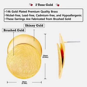 OZEL –Stud Earrings Brushed Texture for Women –14k Yellow Gold/White Gold Plated –Simple Daily Geometry Circle Oval Round Square Cubic Snowman (G302223)