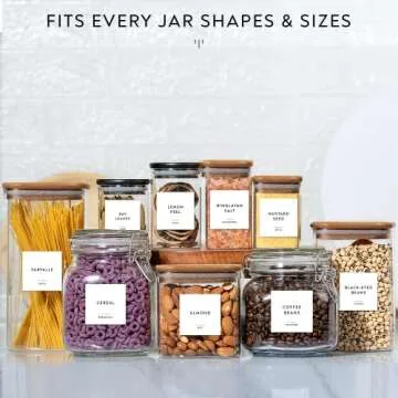 166 Minimalist Pantry Jar Label Set, Black Text on White Matte Vinyl Waterproof Label Sticker - Fits on Round, Square and Rectangle Glass Jars