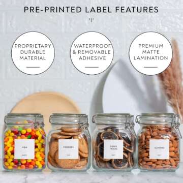 166 Minimalist Pantry Jar Label Set, Black Text on White Matte Vinyl Waterproof Label Sticker - Fits on Round, Square and Rectangle Glass Jars