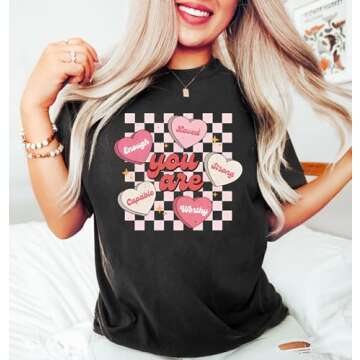 Women's Valentine Shirts Retro Candy Heart T-Shirt - Casual Lover Gift Blouse Tops