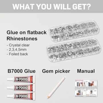 b7000 Clear Glue with 11000Pcs Silver Clear Rhinestones for Crafts Clothing Clothes Fabric Crafting, Flatback Gems Rinestones Kit for Shoes Tumblers, Flat Back Crystals Diamonds ss6-ss20 Multi Sizes
