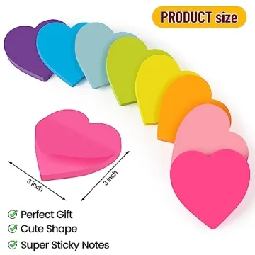 Heart Sticky Notes 3x3 in, 8 Pads, Super Cute Bright Color Strong Adhesive Post, Clean Removal, 82 Sheets/pad