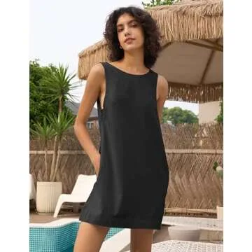 Megfie Womens Summer Crew Neck Sleeveless Open Back Dress Casual Beach Sunshine Cotton Linen Mini Dress(0793-Black-S)