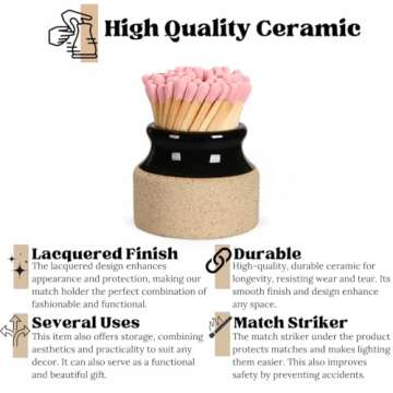 Cocolu Decorative Match Holders with Striker - Set of 2 - Black and White - Handmade Ceramic Matchstick Jars to Light Candles, Incense, or Fireplaces - Kitchen & Bathroom Home Decor