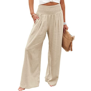 Vansha Women Summer High Waisted Cotton Linen Palazzo Pants Wide Leg Long Lounge Pant Trousers with ...
