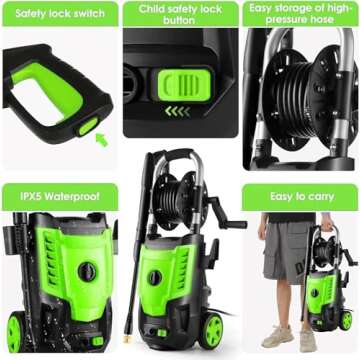 4200 PSI Electric Pressure Washer- 4.0 GPM High Power Washer with 33FT Hose Reel, 4 Spray Tips and Soap Bottle for Car Washing, Fence Cleaning, Patio Maintenance（Upgraded） (Green)