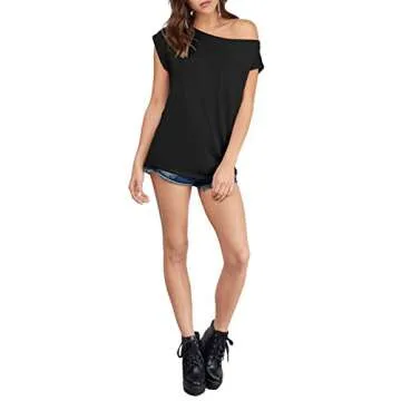 Sarin Mathews Women's Casual Off Shoulder Tops Short Sleeve T Shirts Loose Sexy Tank Tops Blouses Black M