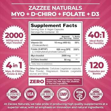 Zazzee Myo-Inositol + D-Chiro with Folate (5-MTHF) + D3 - 120 Vegan Capsules, 30 Day Supply, Support...