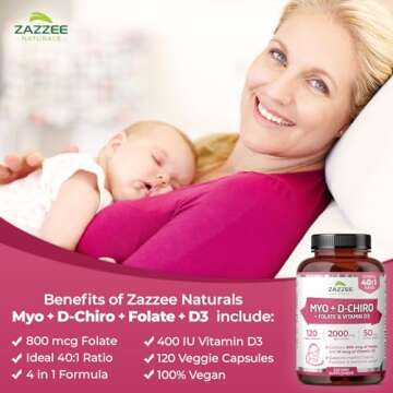 Zazzee Myo-Inositol + D-Chiro with Folate & D3 - 120 Vegan Capsules