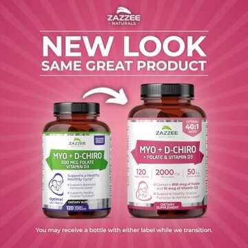 Zazzee Myo-Inositol + D-Chiro with Folate & D3 - 120 Vegan Capsules