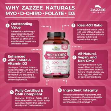 Zazzee Myo-Inositol + D-Chiro with Folate & D3 - 120 Vegan Capsules
