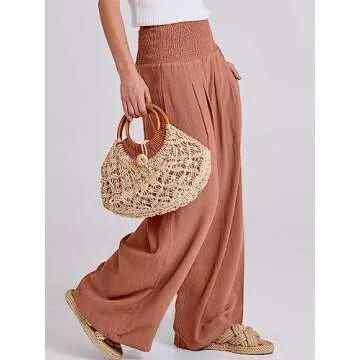 ANRABESS Women Linen Palazzo Pants Summer Boho Wide Leg High Waist Casual Lounge Pant 2025 Beach Travel Vacation Outfits Brick Red Large